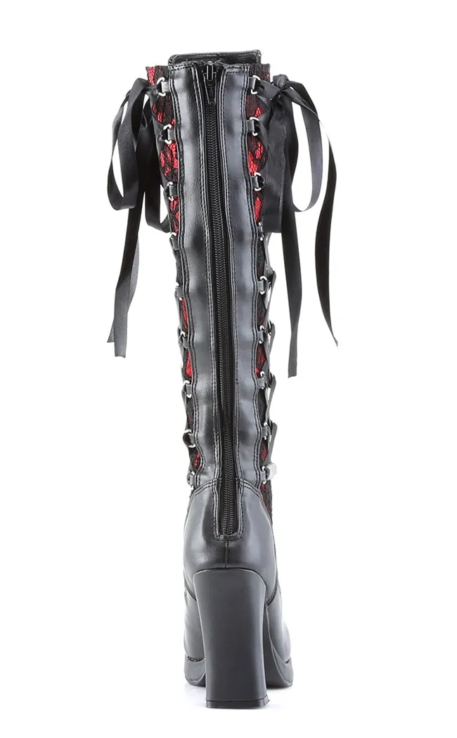 CRYPTO-106 Black & Red Lace Knee High Boots (LAST PAIR: SIZE 11)