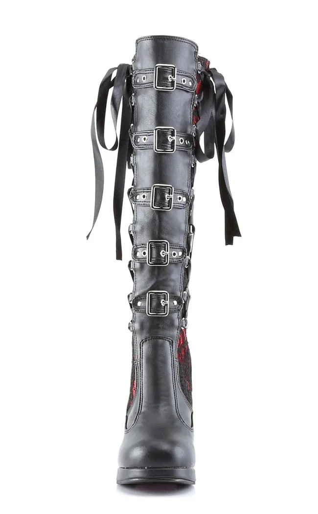 CRYPTO-106 Black & Red Lace Knee High Boots (LAST PAIR: SIZE 11)