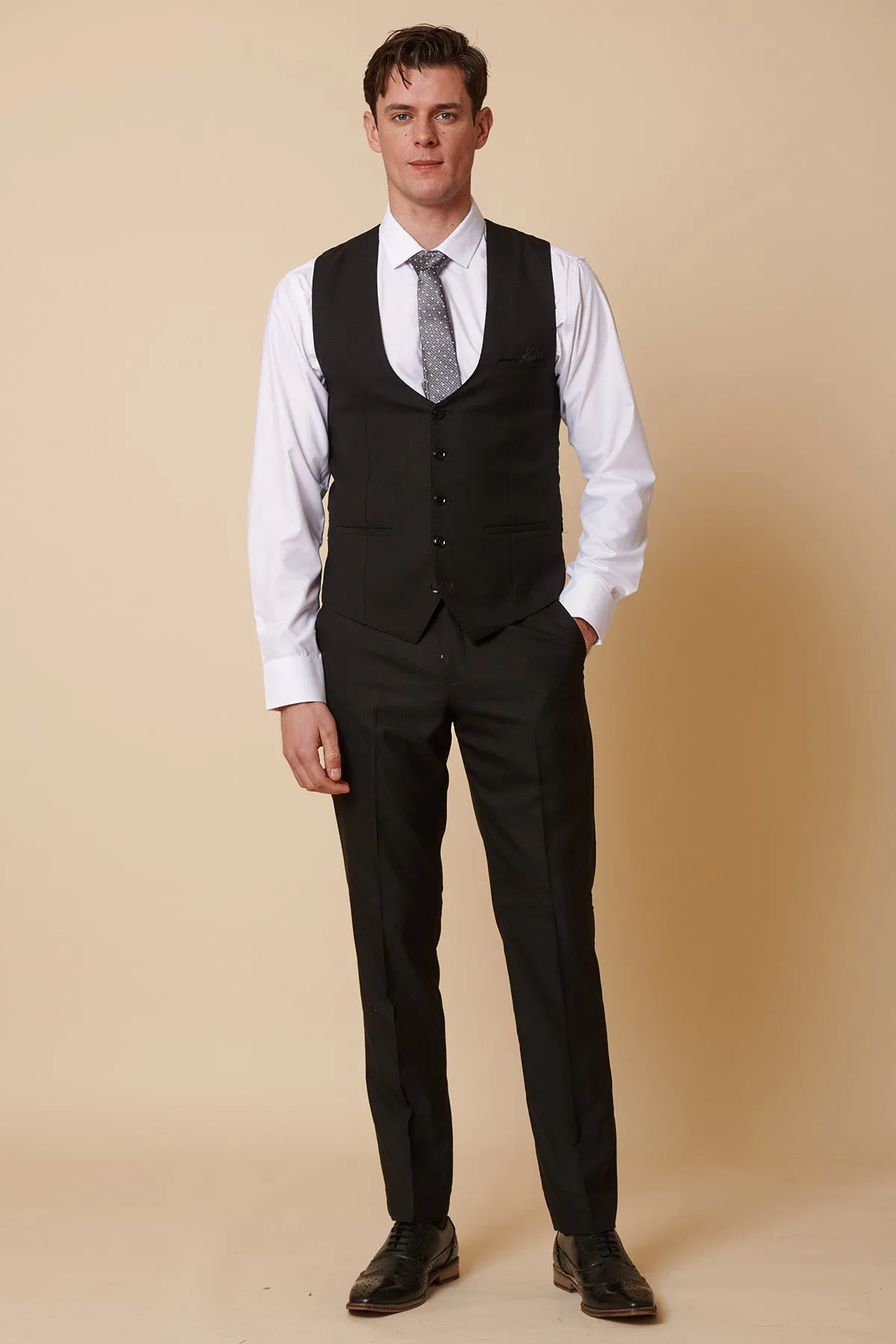 DANNY - Black Three Piece Suit With Single Breasted Waistcoat