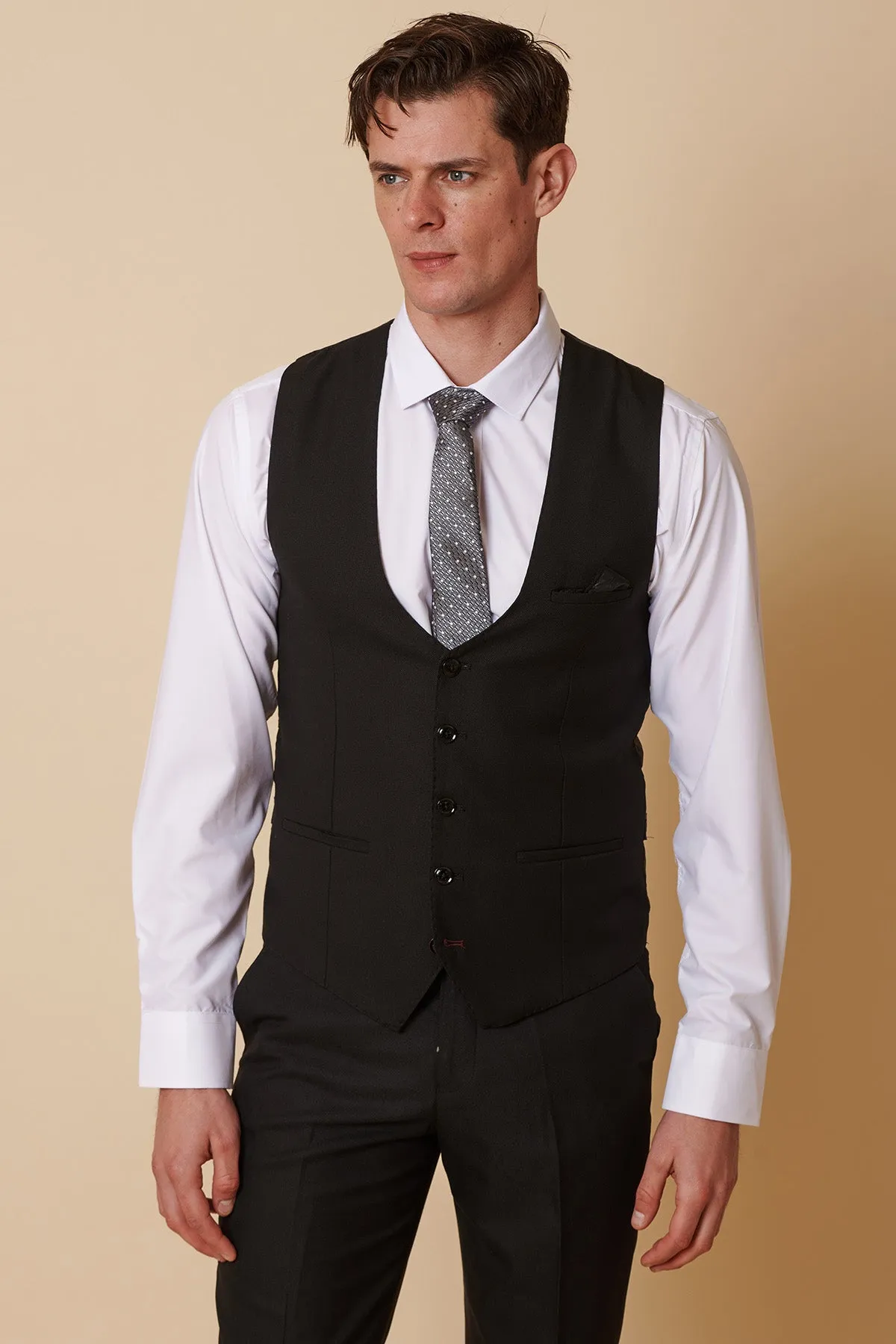 DANNY - Black Three Piece Suit With Single Breasted Waistcoat