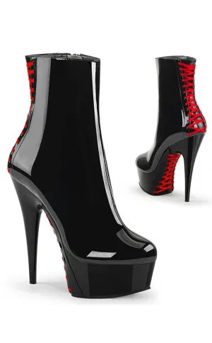 DELIGHT-1010 Black Patent & Red Laced Ankle Boots