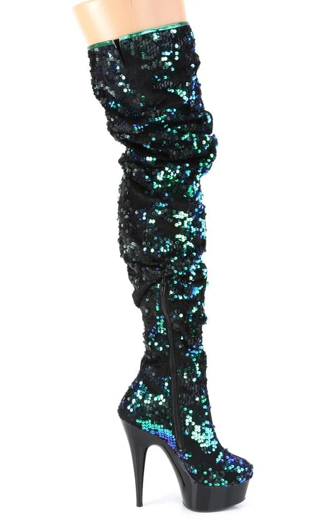 DELIGHT-3004 Green Sequin Thigh High Boots