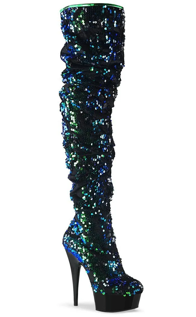 DELIGHT-3004 Green Sequin Thigh High Boots