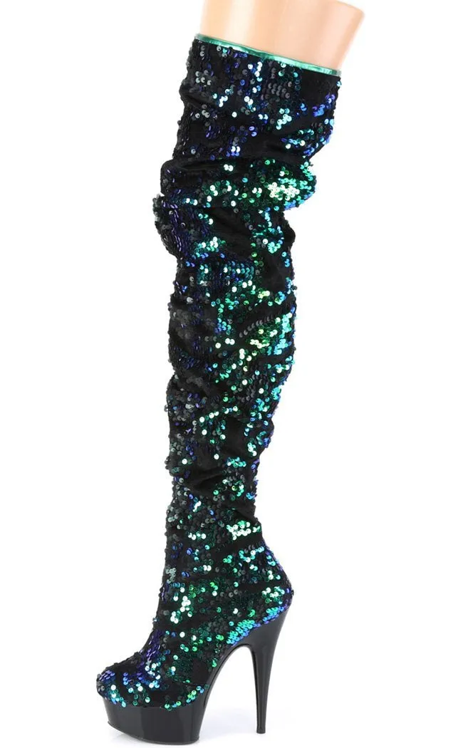 DELIGHT-3004 Green Sequin Thigh High Boots