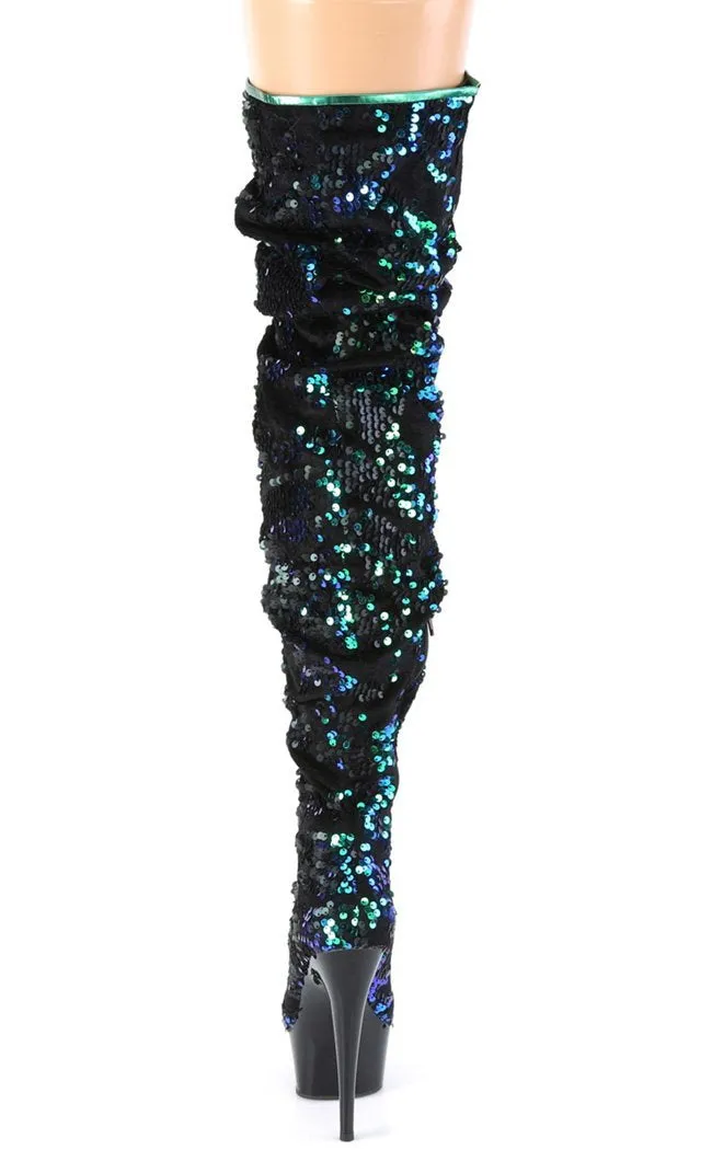 DELIGHT-3004 Green Sequin Thigh High Boots