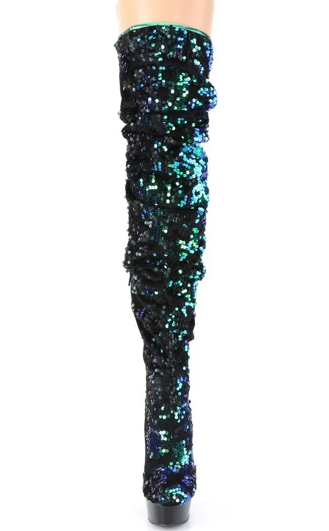 DELIGHT-3004 Green Sequin Thigh High Boots