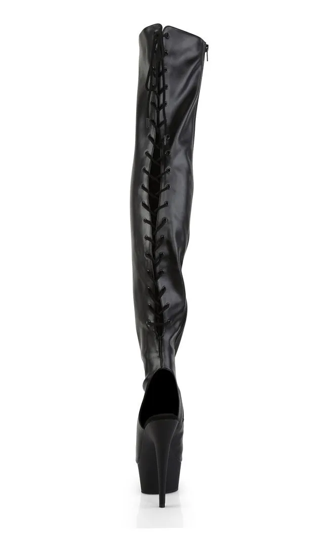 DELIGHT-3019 Black Vegan Leather Thigh High Boots