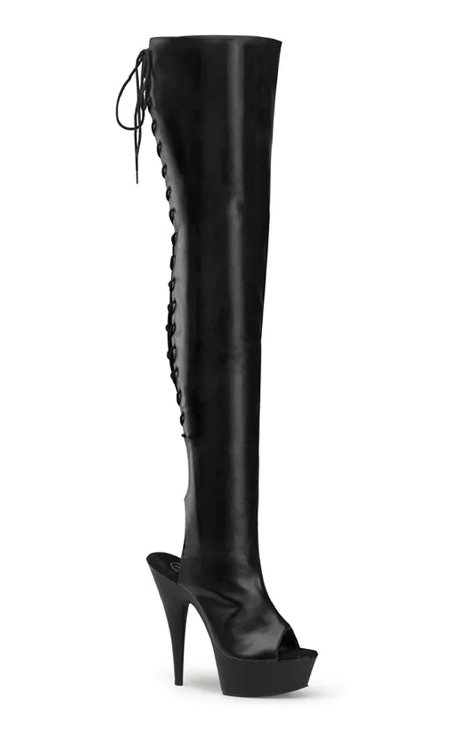 DELIGHT-3019 Black Vegan Leather Thigh High Boots