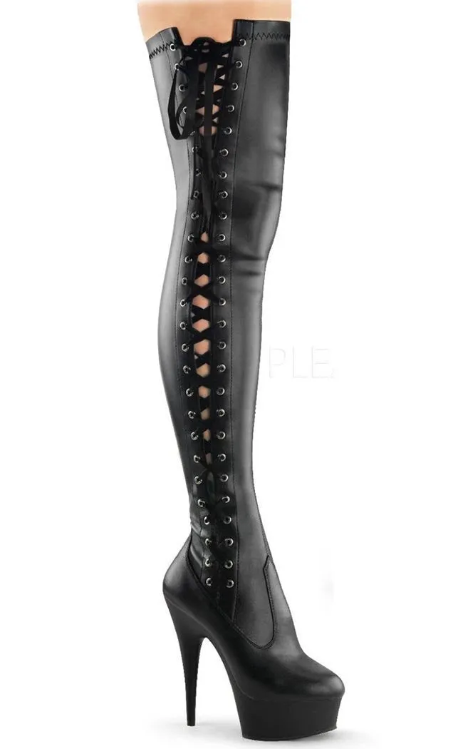 DELIGHT-3050 Black Vegan Leather Thigh High Boots