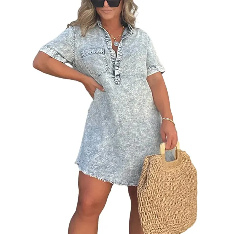 Denim Skirt Dress with Fringed Hem