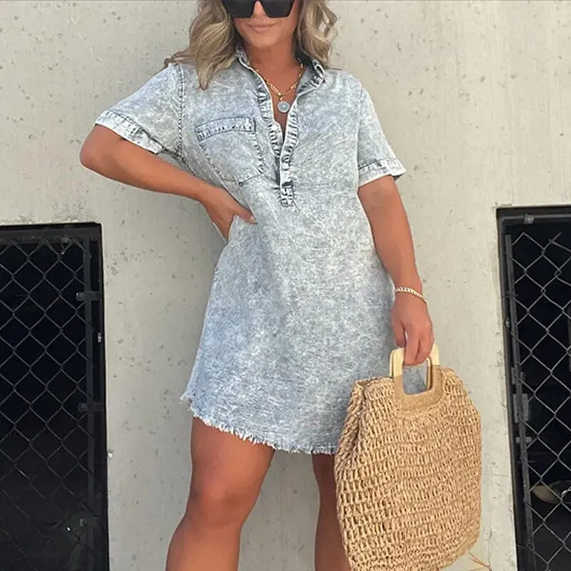 Denim Skirt Dress with Fringed Hem