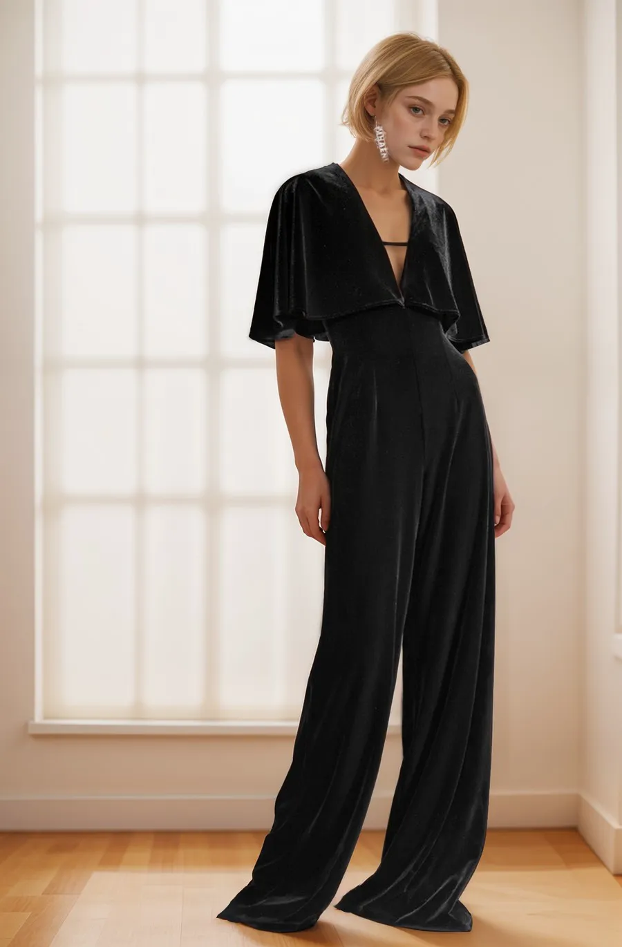 Designer Short Ruffled Sleeves Deep V-Neck Bodysuit Jumpsuit