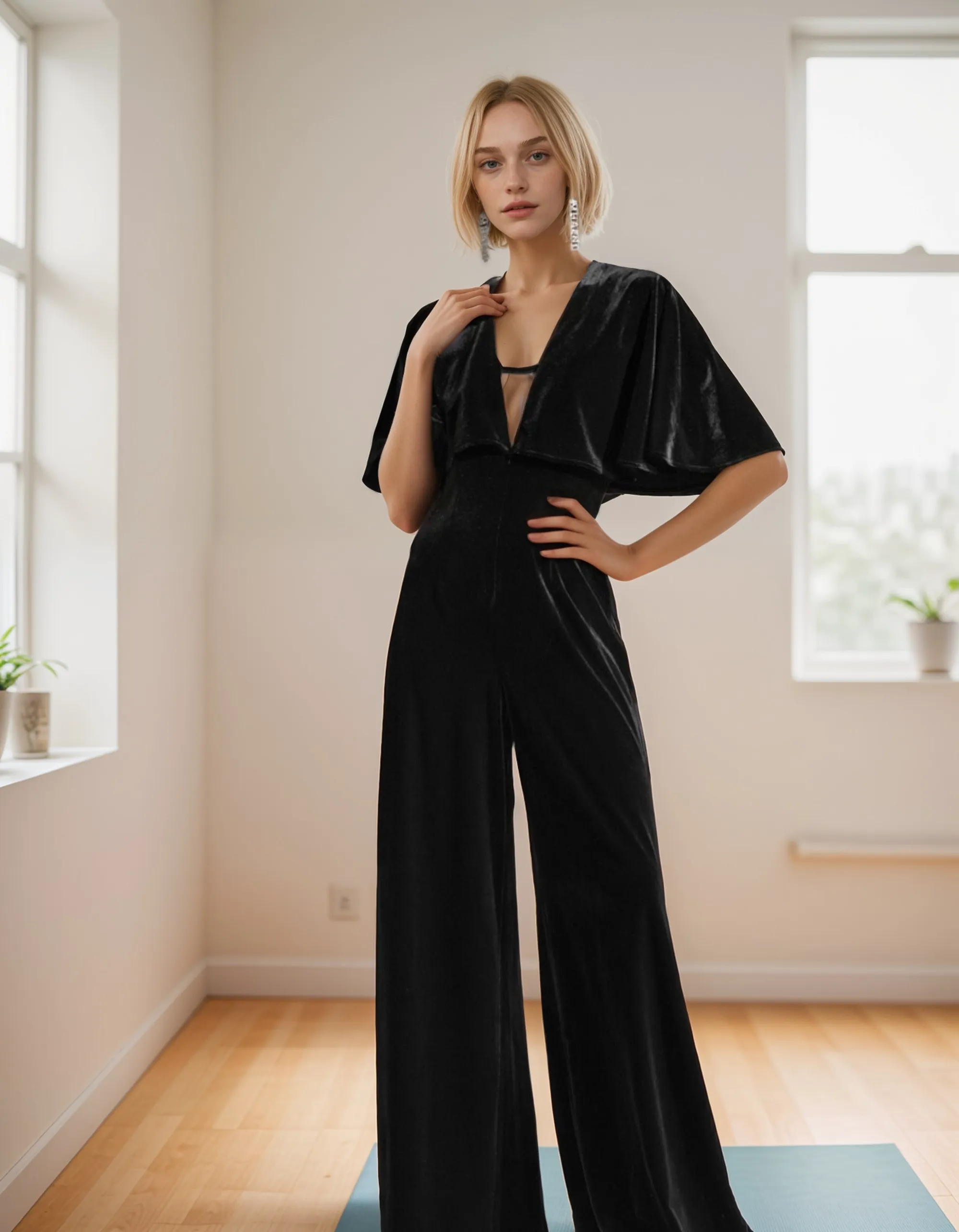 Designer Short Ruffled Sleeves Deep V-Neck Bodysuit Jumpsuit