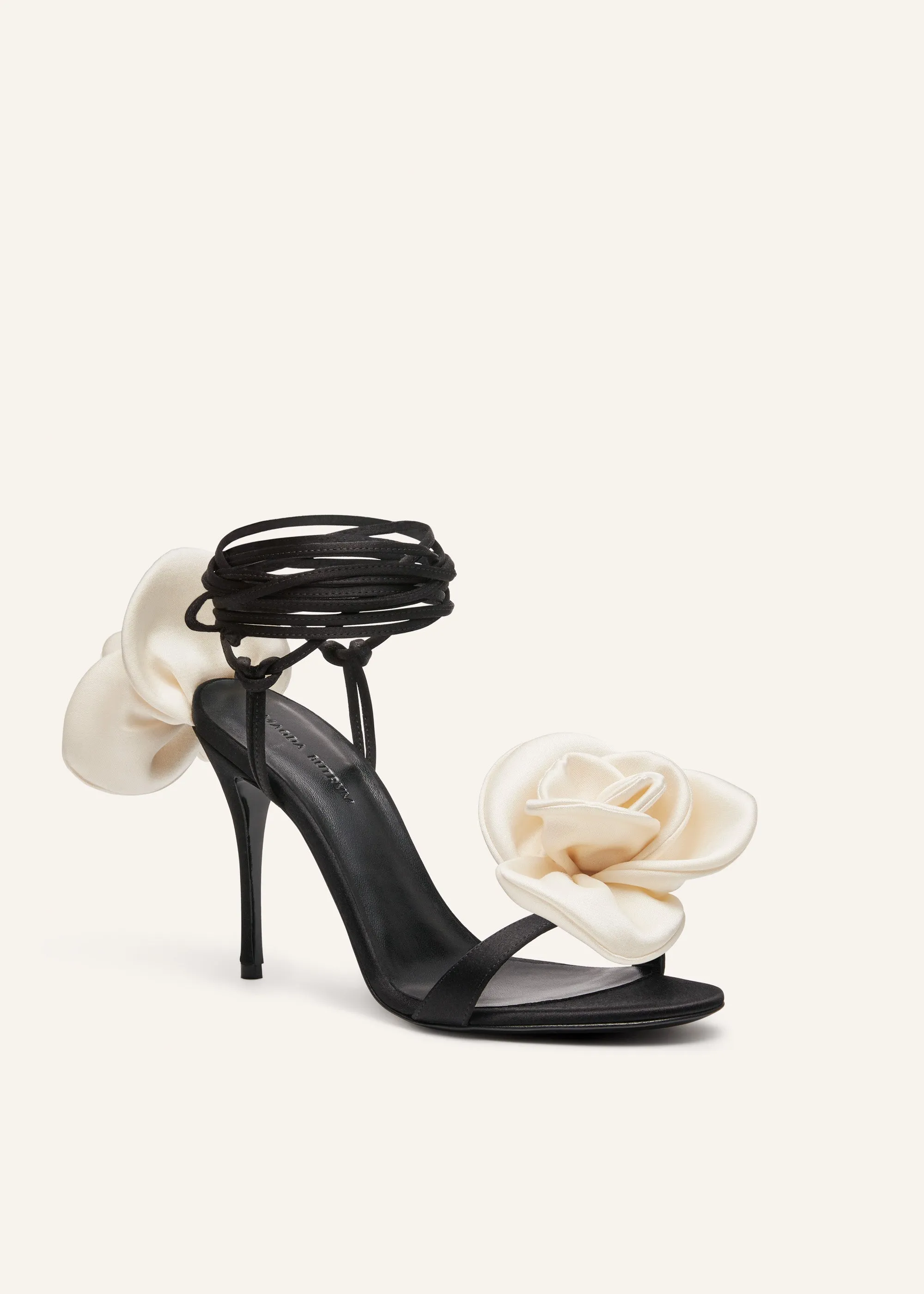 Double ivory flower heel sandals in black satin