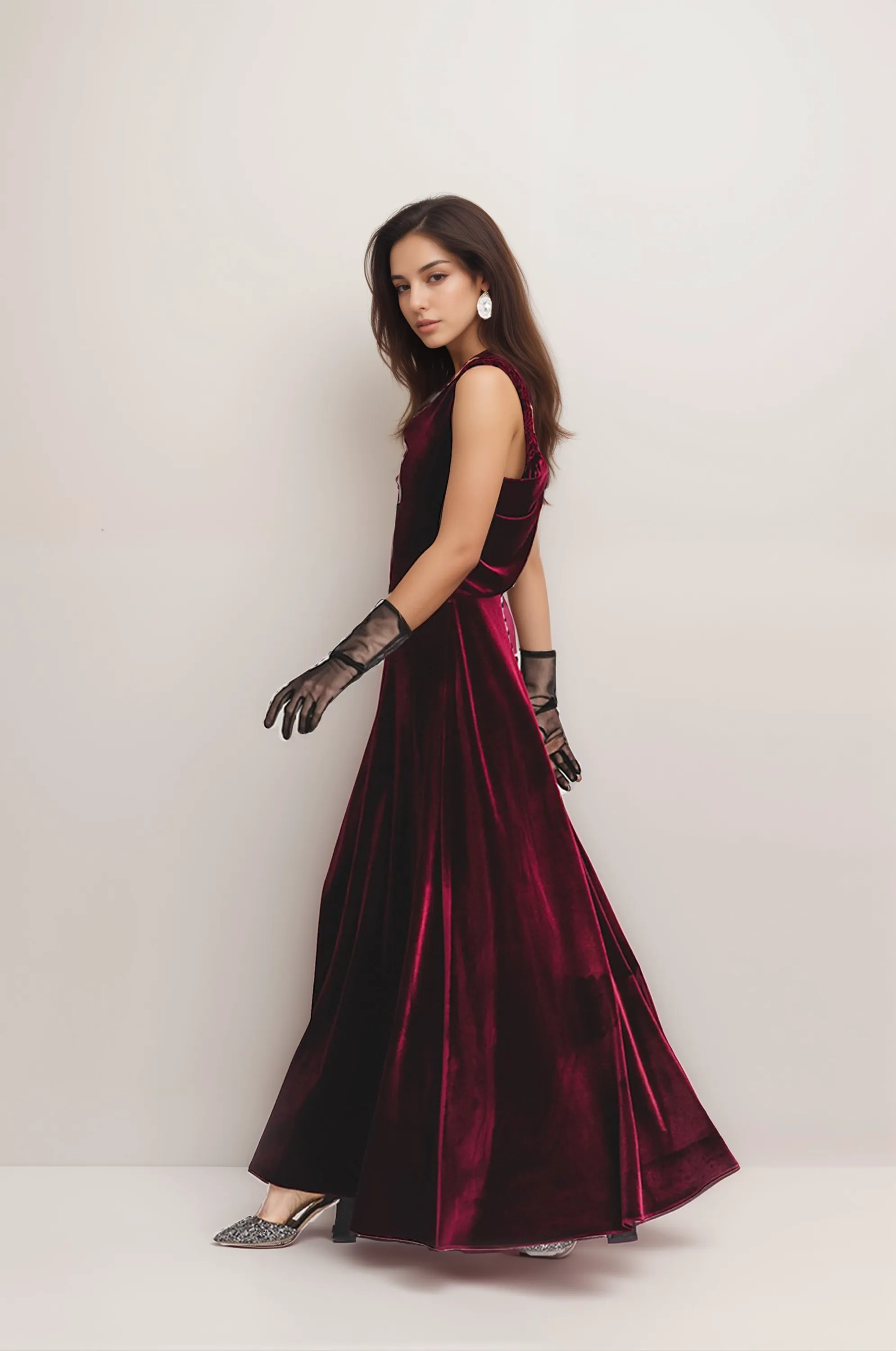 Elegant Velvet Dress with Draped Neck and Stunning Back Design