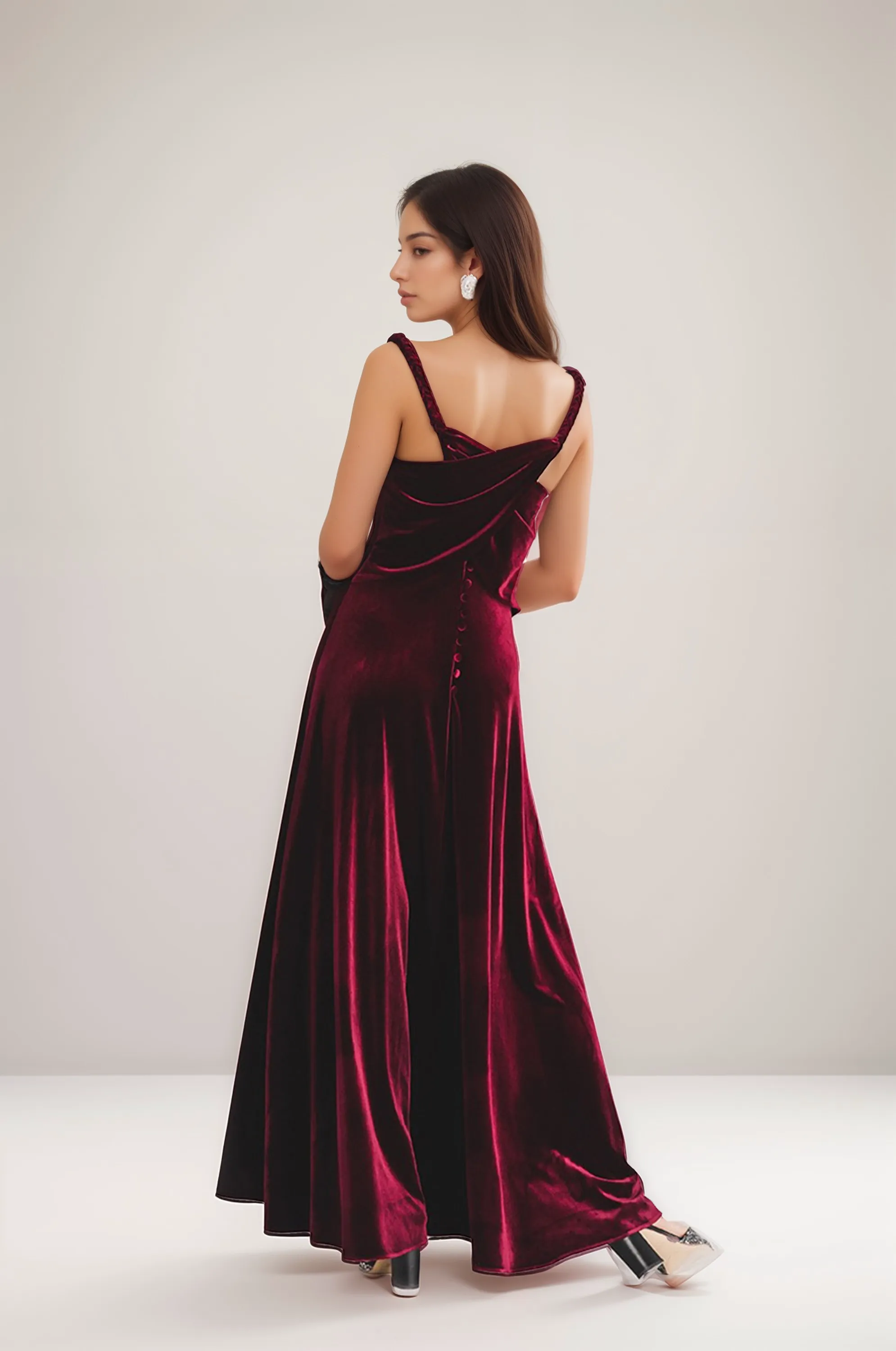 Elegant Velvet Dress with Draped Neck and Stunning Back Design