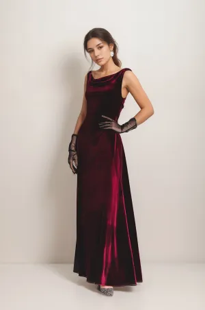 Elegant Velvet Dress with Draped Neck and Stunning Back Design