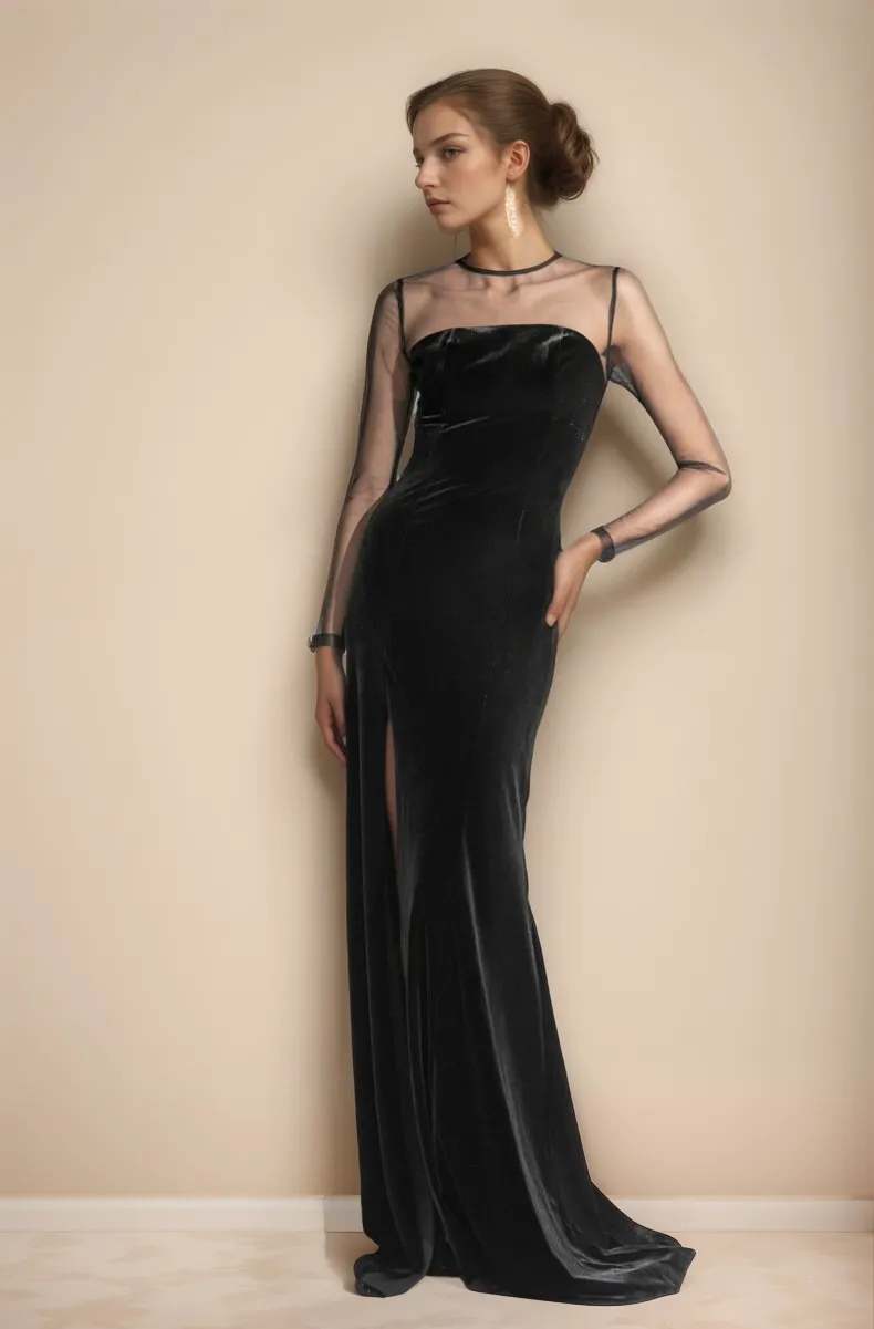 Elegant Velvet tulle mesh long sleeves vintage Black Velvet Dress slit