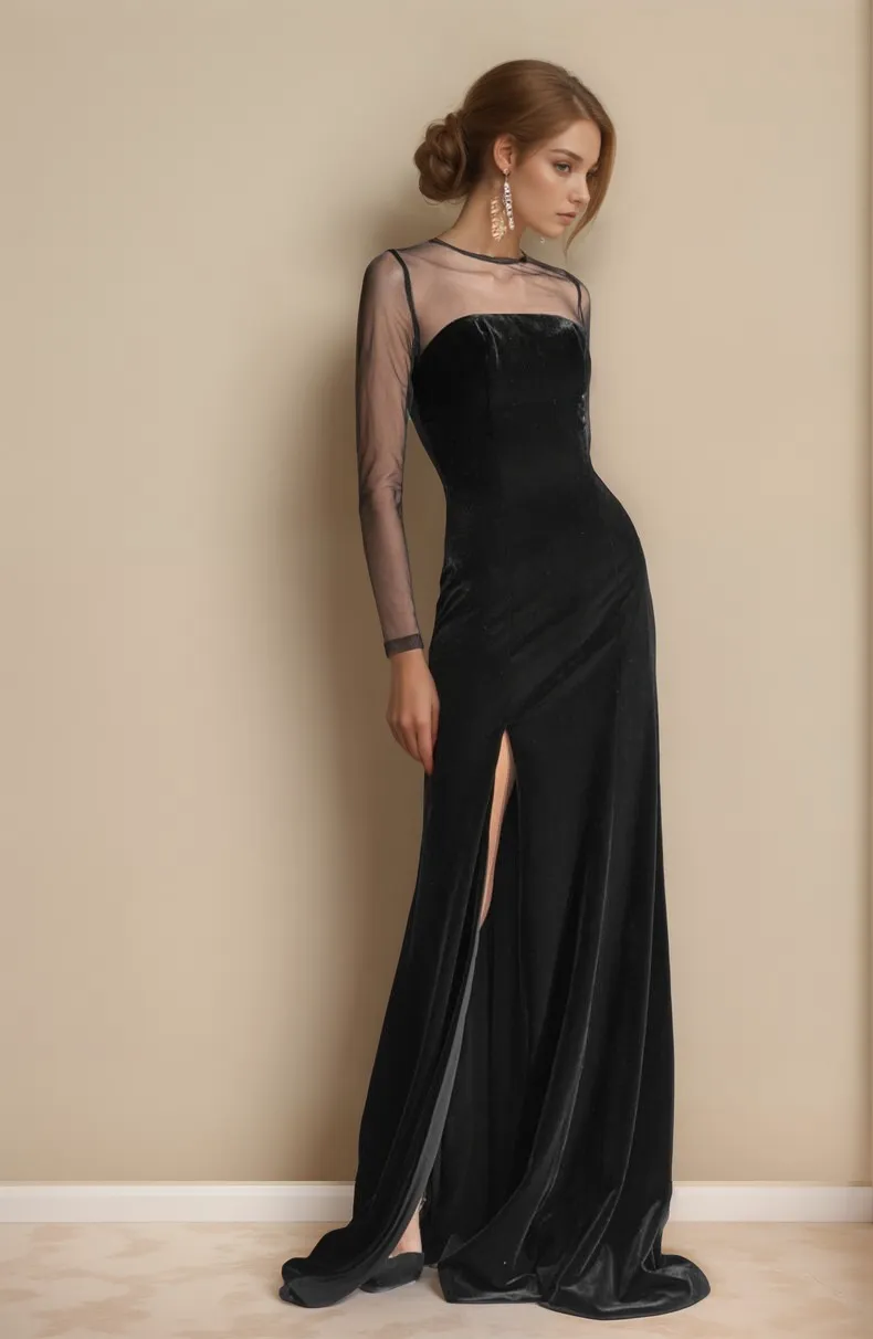 Elegant Velvet tulle mesh long sleeves vintage Black Velvet Dress slit