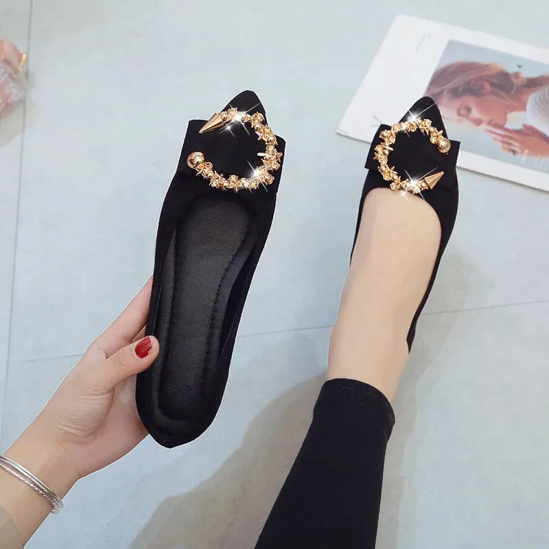 Fab and Glam Metal Decor Pointed Toe Slip-on Flats