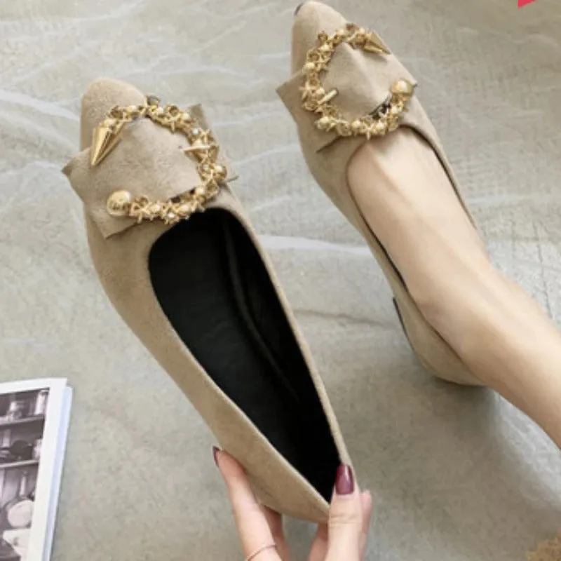 Fab and Glam Metal Decor Pointed Toe Slip-on Flats