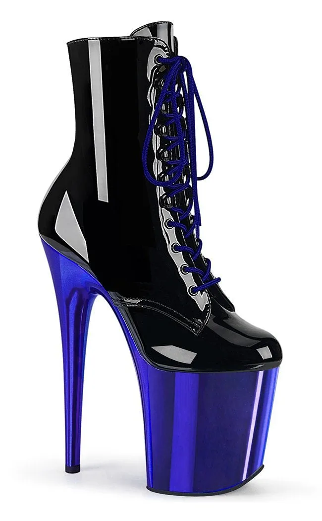 FLAMINGO-1020 Black Patent Royal Blue Chrome Boots