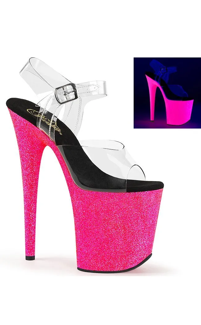 FLAMINGO-808UVG Clear & Hot Pink UV Glitter Heels