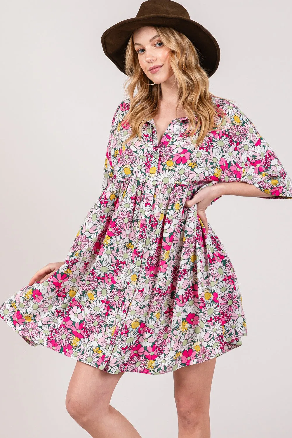 Floral Button Down Mini Shirt Dress