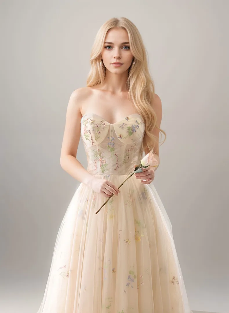 Floral lace tulle detachable sleeves off-the-shoulder princess style long prom dress