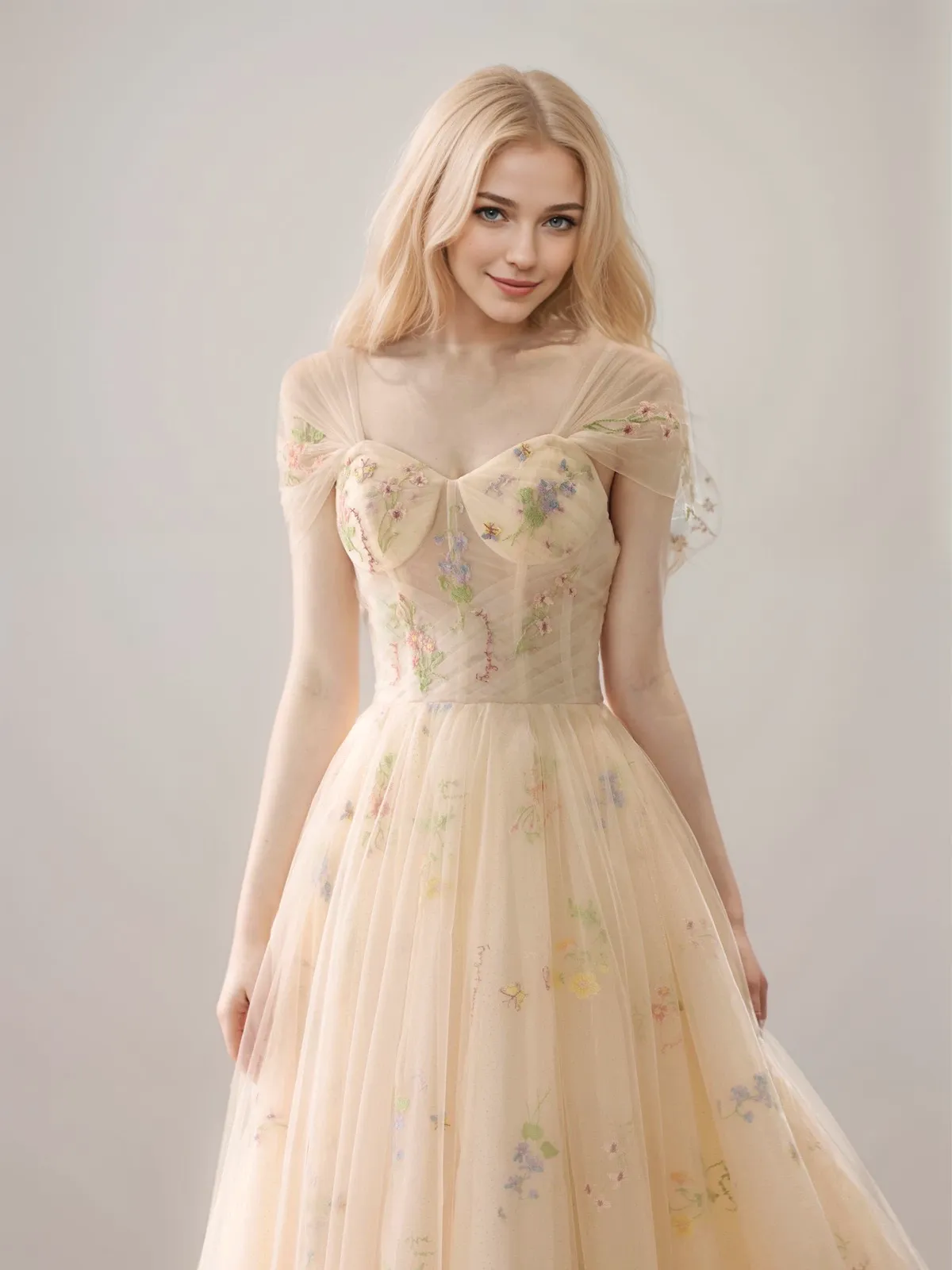 Floral lace tulle detachable sleeves off-the-shoulder princess style long prom dress