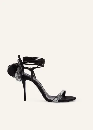 Flower wrap around black satin heeI sandals with strass