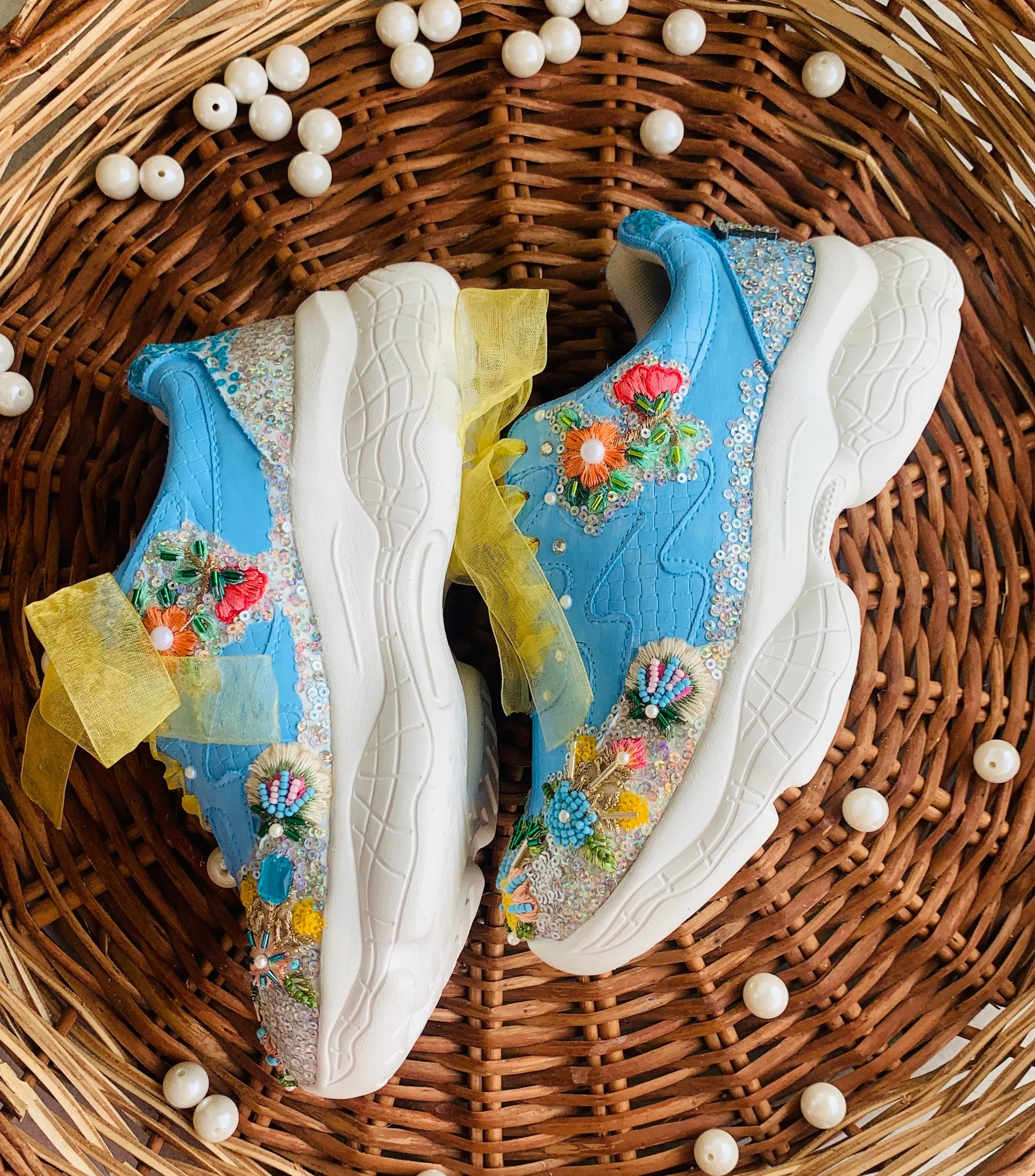 FUNKY N TRENDY blue embroidery sneakers for brides /blue embroidered sneakers/ handcrafted sneakers/ floral sneakers / bridal sneakers / bridesmaid sneakers/ sky blue hand work sneakers/blue yellow sneakers