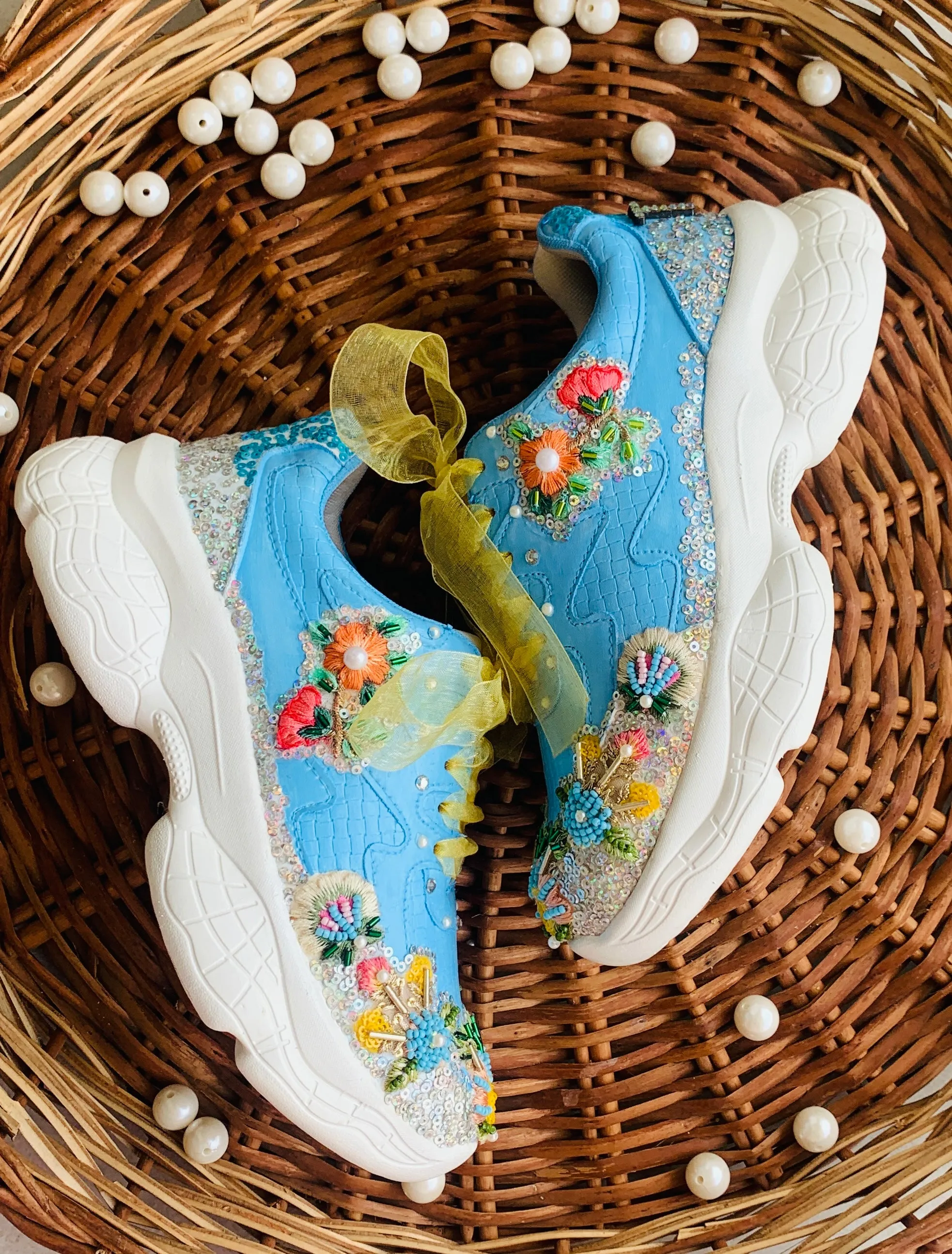 FUNKY N TRENDY blue embroidery sneakers for brides /blue embroidered sneakers/ handcrafted sneakers/ floral sneakers / bridal sneakers / bridesmaid sneakers/ sky blue hand work sneakers/blue yellow sneakers