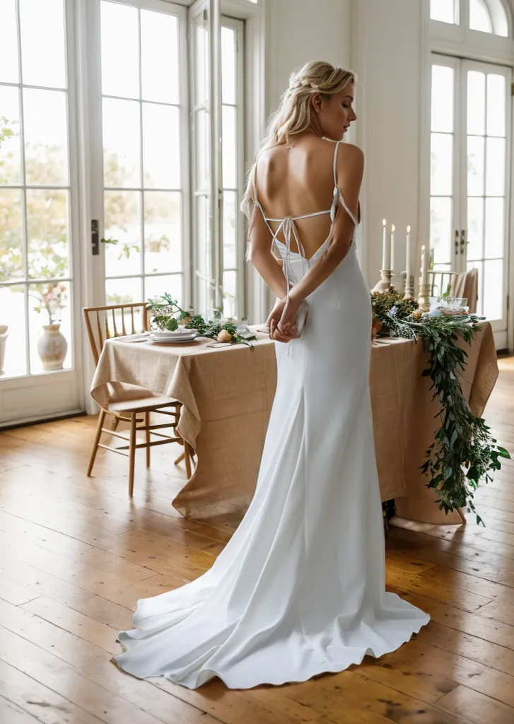 Goddess tie back Spaghetti-straps Mermaid satin wedding dress small train