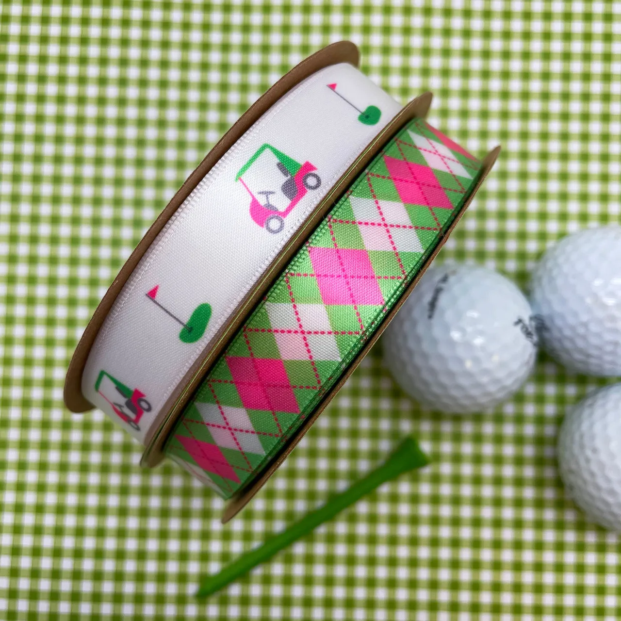 Golf ribbon with carts and clubs in pink and green printed on  5/8" white satin