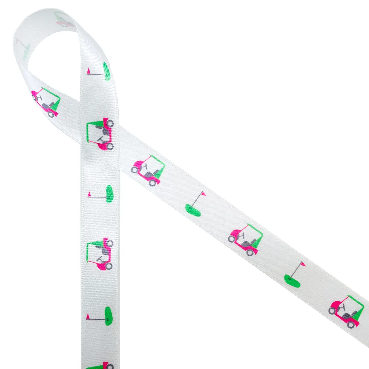 Golf ribbon with carts and clubs in pink and green printed on  5/8" white satin