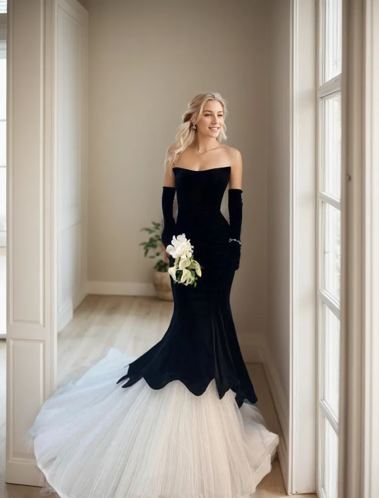 Herpben style strapless black velvet white tulle mermaid prom dress