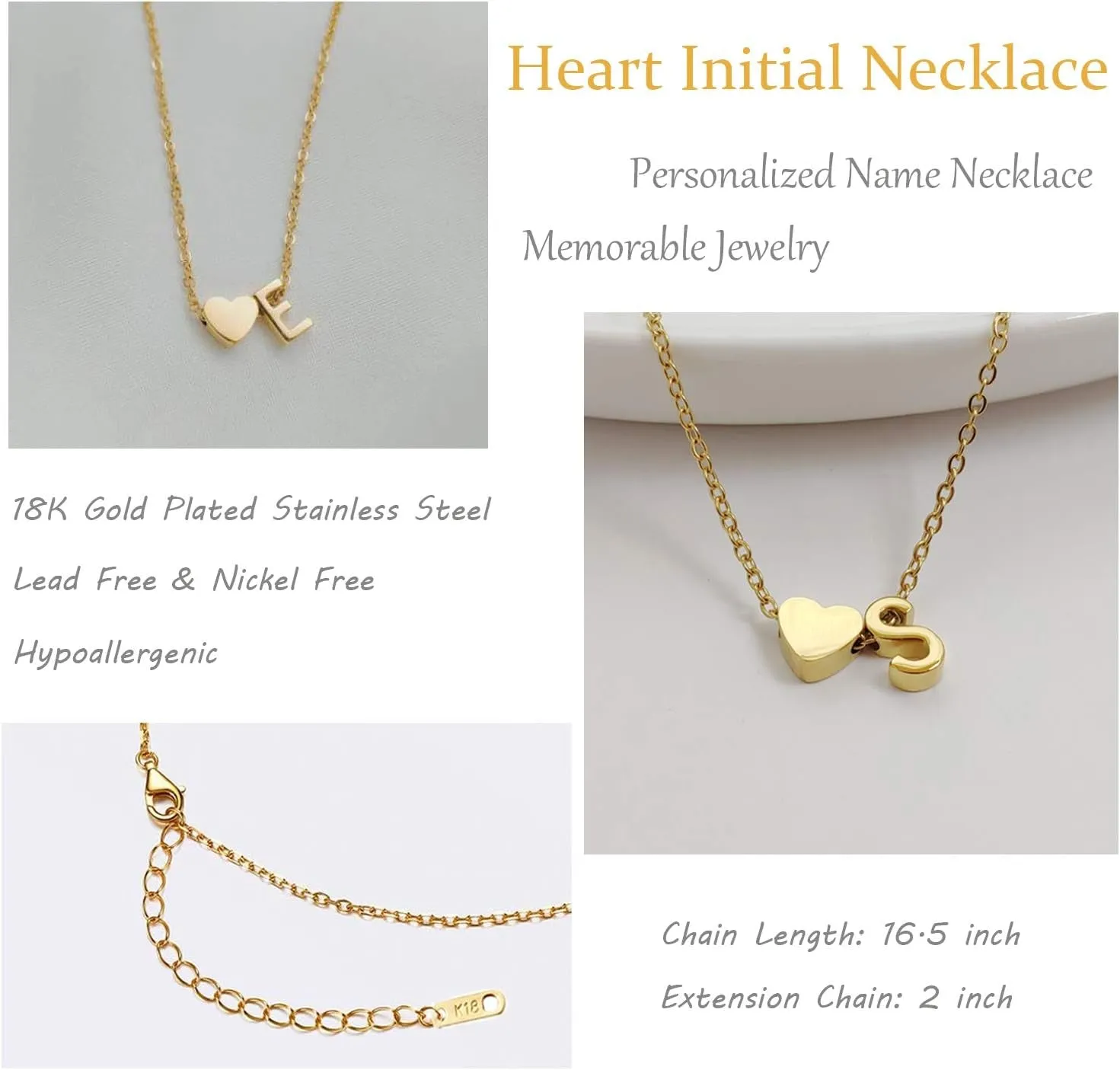 Initial Heart Necklace,18K Gold Plated Stainless Steel Tiny Heart Letter Necklace Personalized Monogram Name Necklace for Women