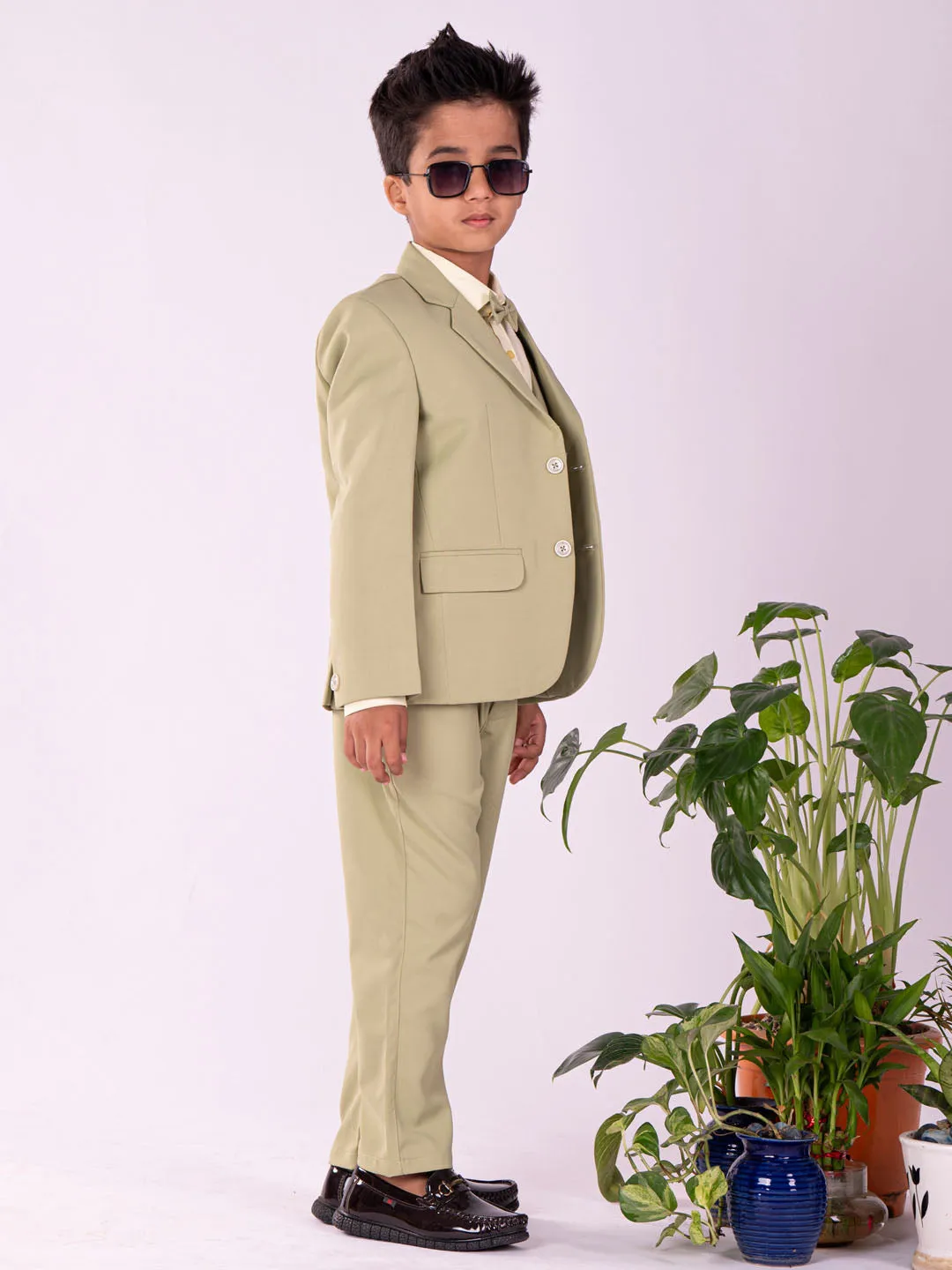 Jashvi Boys' Black And Mint Green Shirt Blazer Waist Coat And Pant