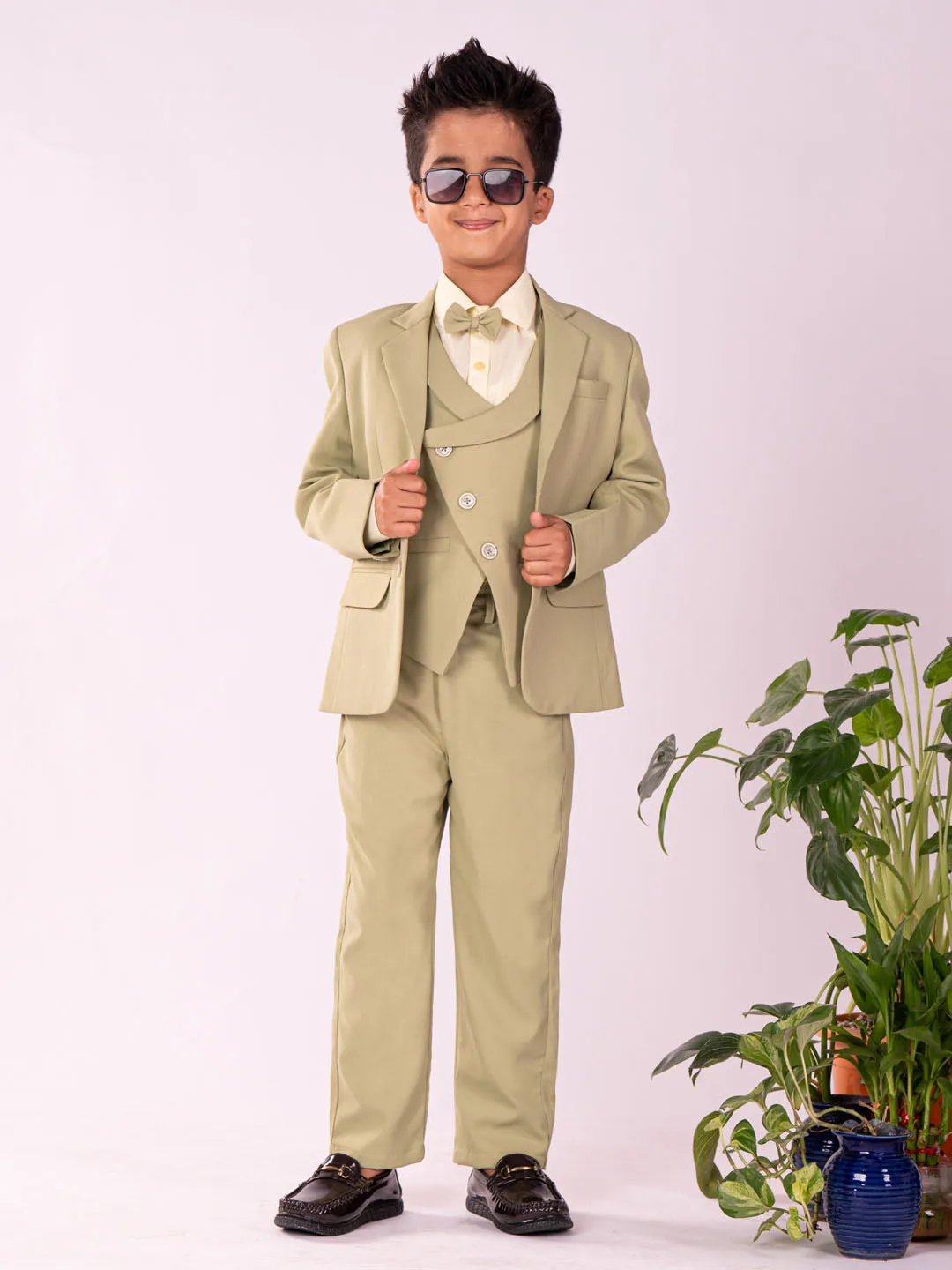 Jashvi Boys' Black And Mint Green Shirt Blazer Waist Coat And Pant