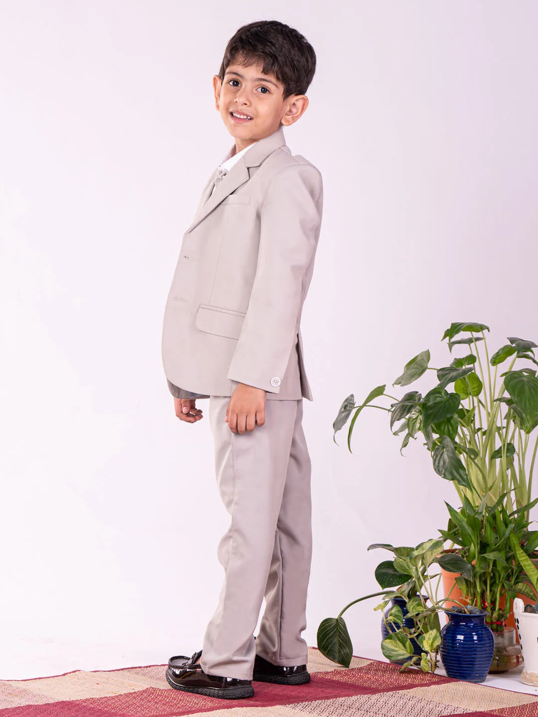 Jashvi Boys' White And Gray Shirt Blazer Waist Coat And Pant