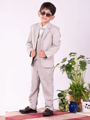 Jashvi Boys' White And Gray Shirt Blazer Waist Coat And Pant