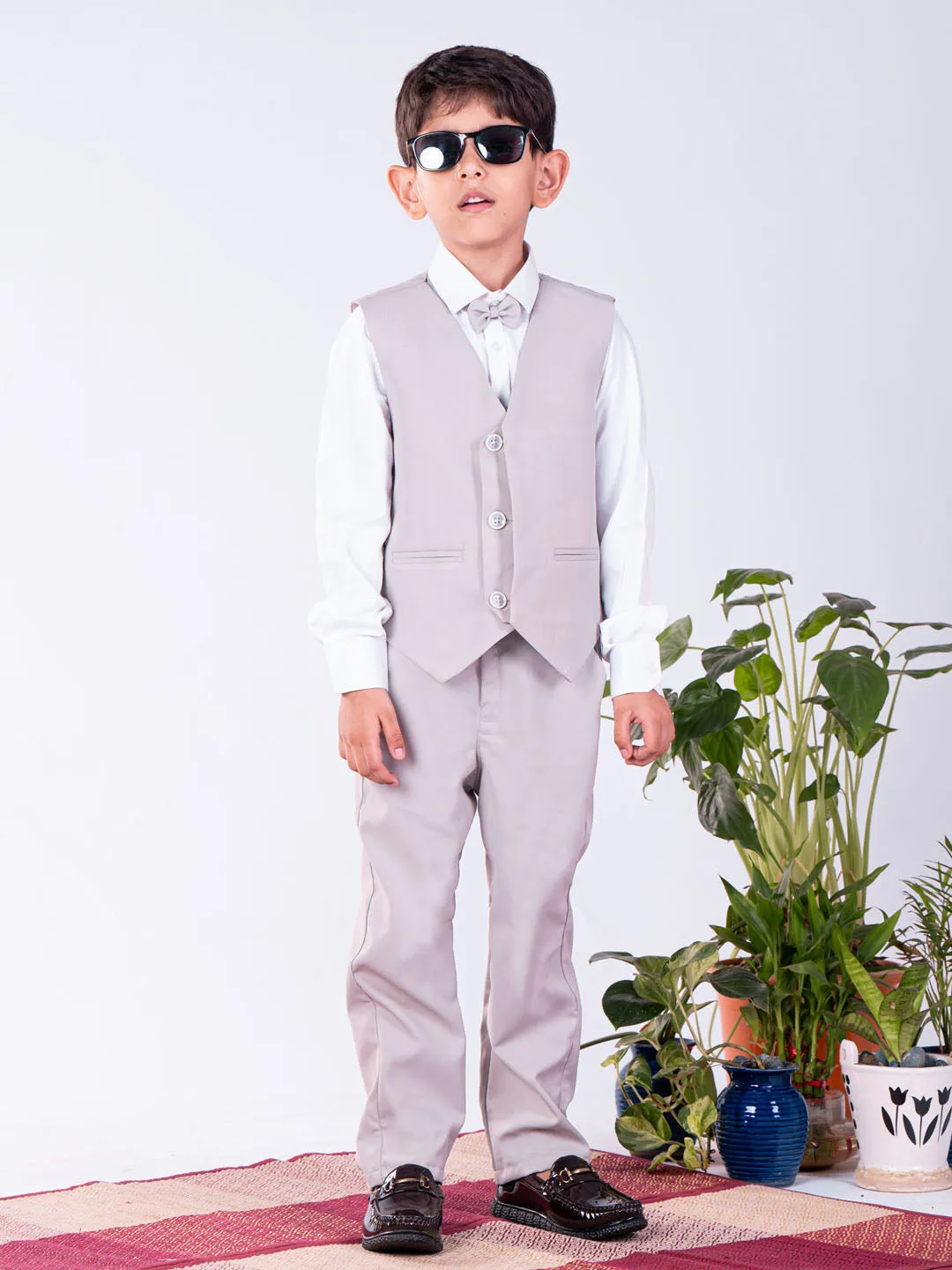 Jashvi Boys' White And Gray Shirt Blazer Waist Coat And Pant