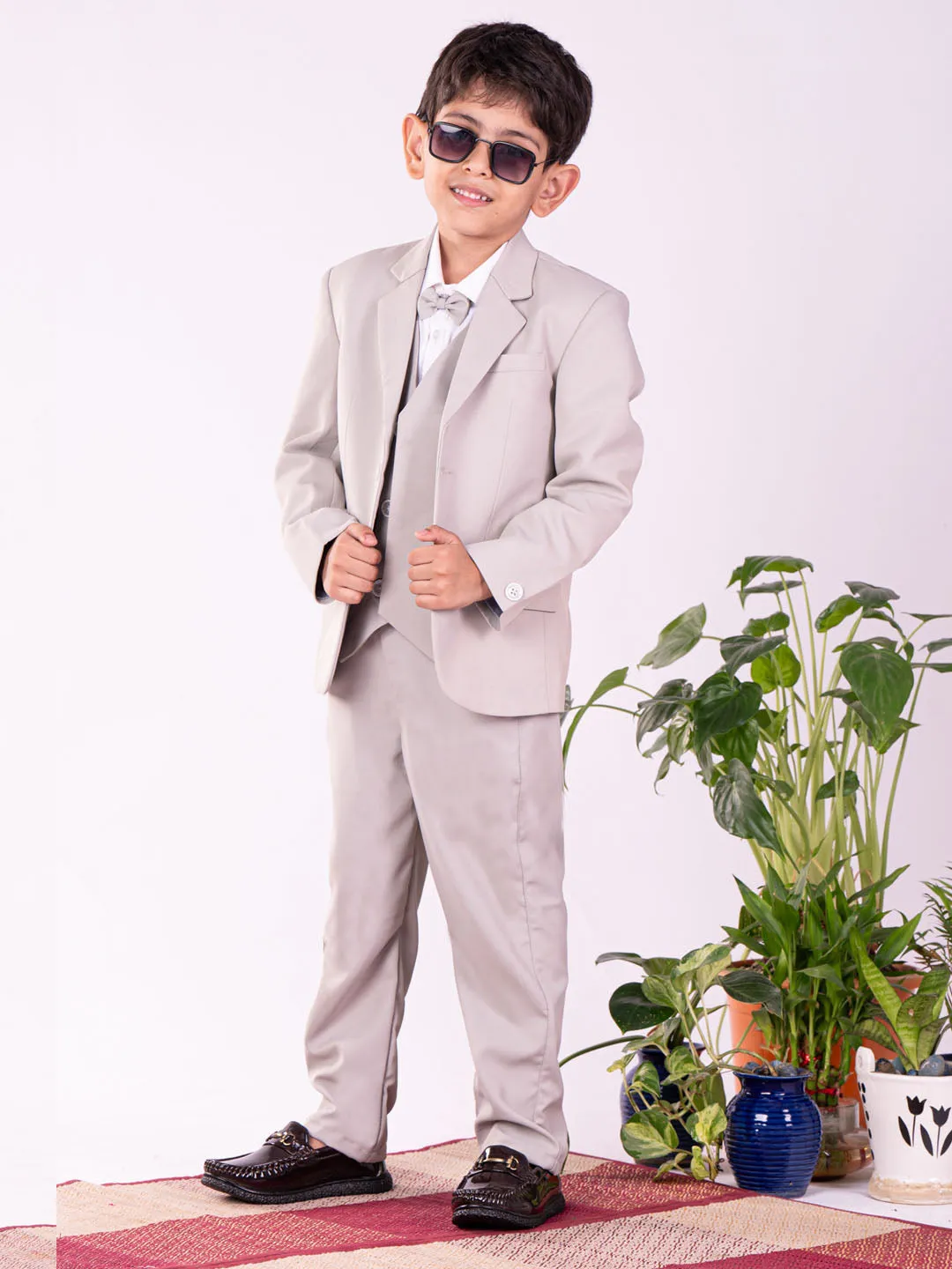 Jashvi Boys' White And Gray Shirt Blazer Waist Coat And Pant