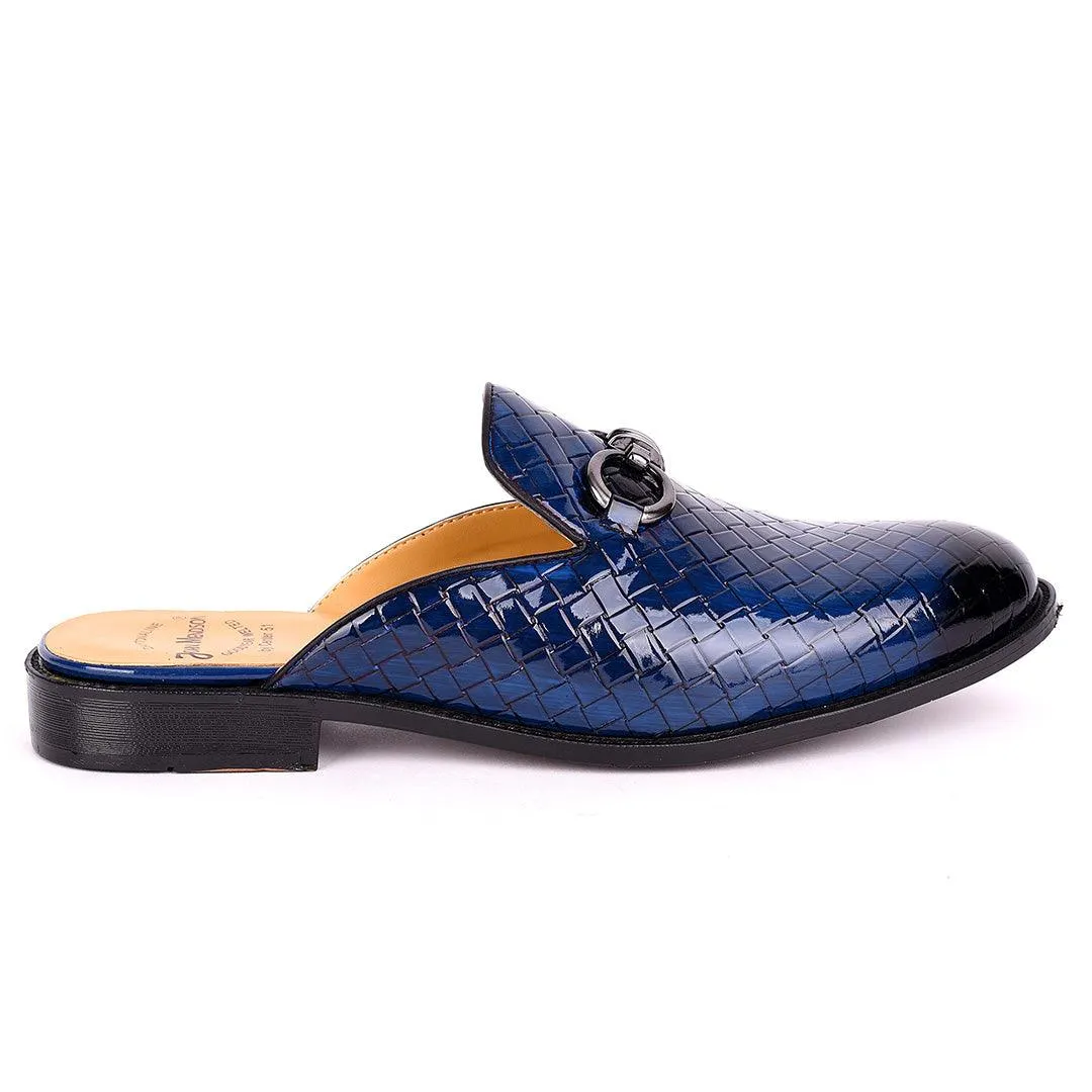 John Mendson Silver Chain Design Glossy Croc Leather Men's Half Shoe- Blue