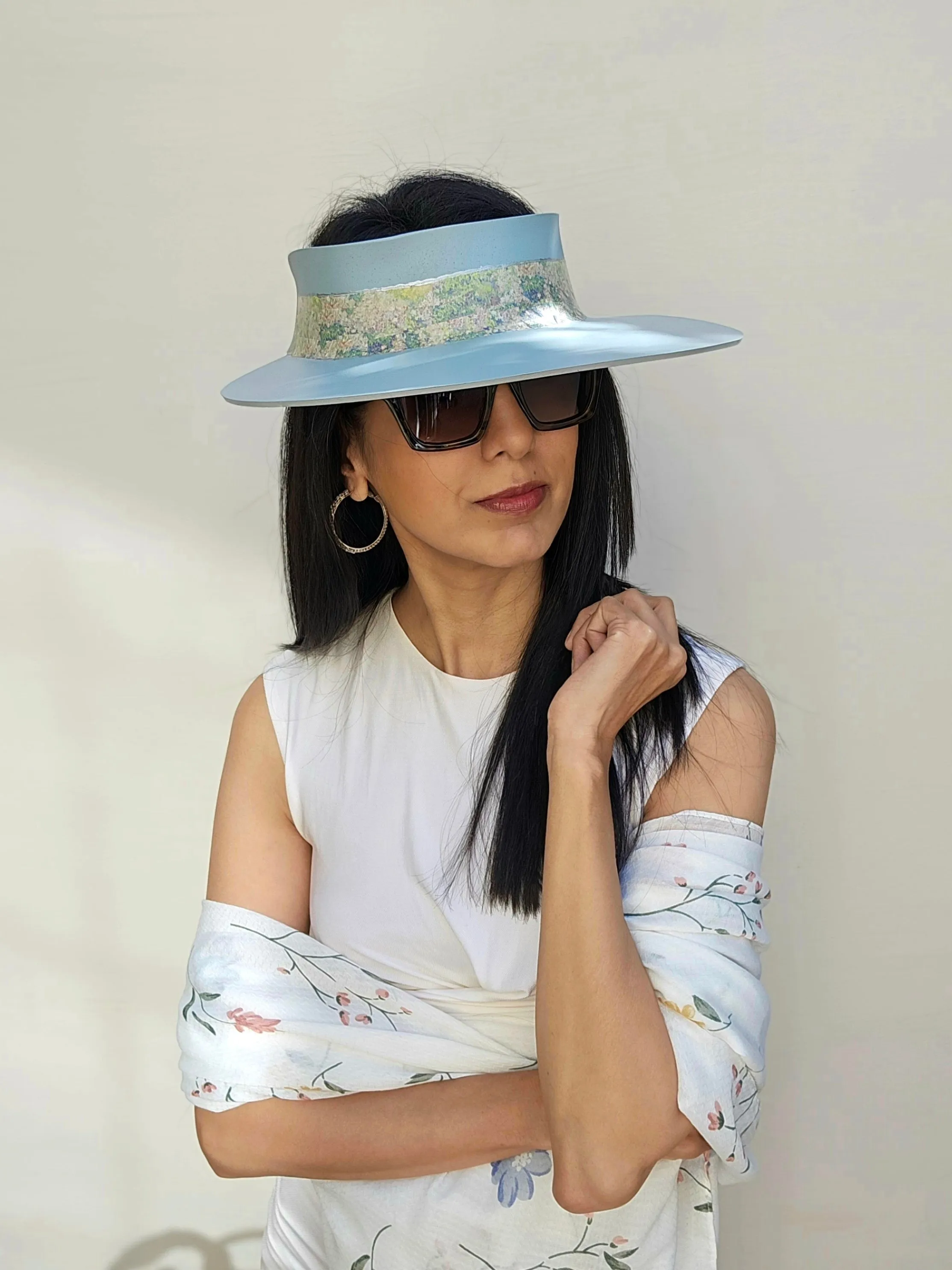 Light Blue "LadyEVA" Visor Hat with Monet Style Floral Band