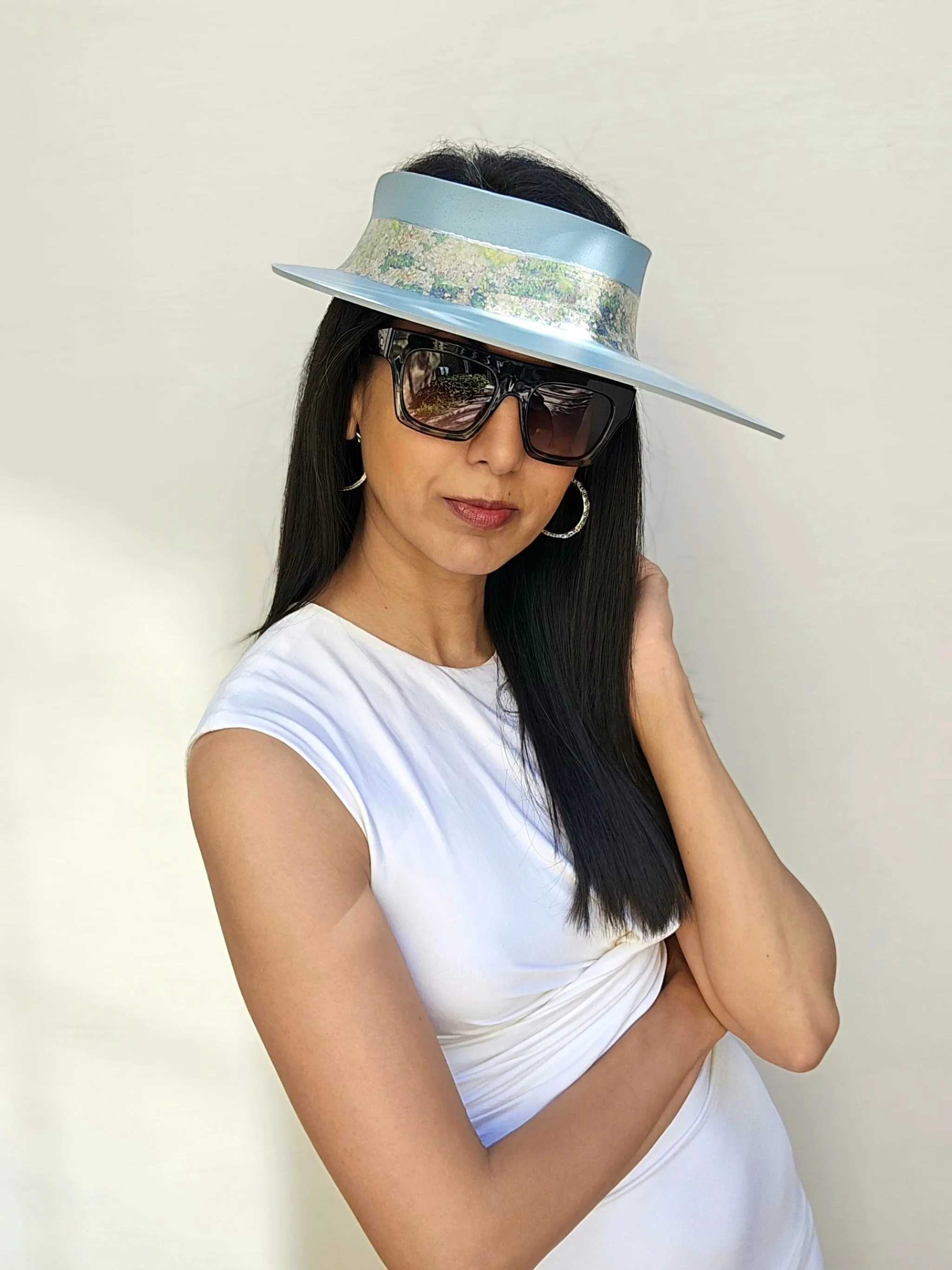 Light Blue "LadyEVA" Visor Hat with Monet Style Floral Band