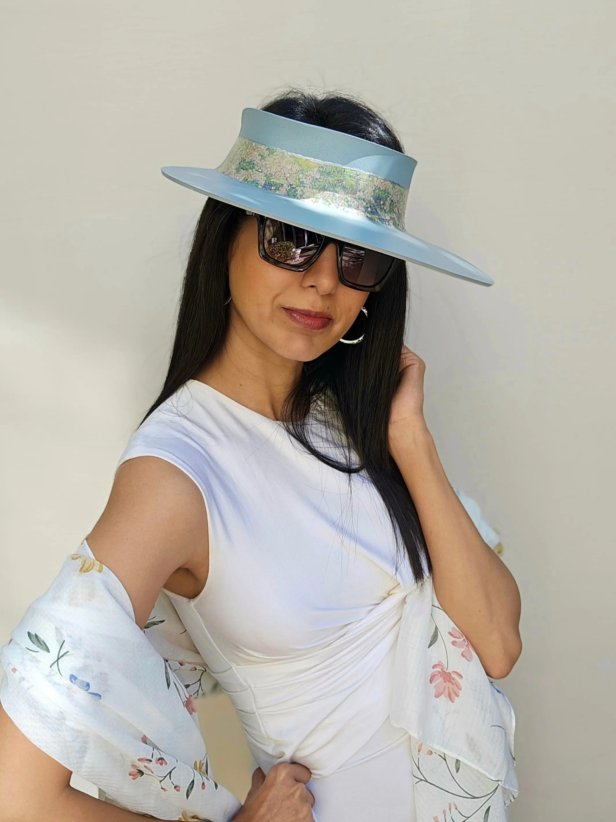 Light Blue "LadyEVA" Visor Hat with Monet Style Floral Band