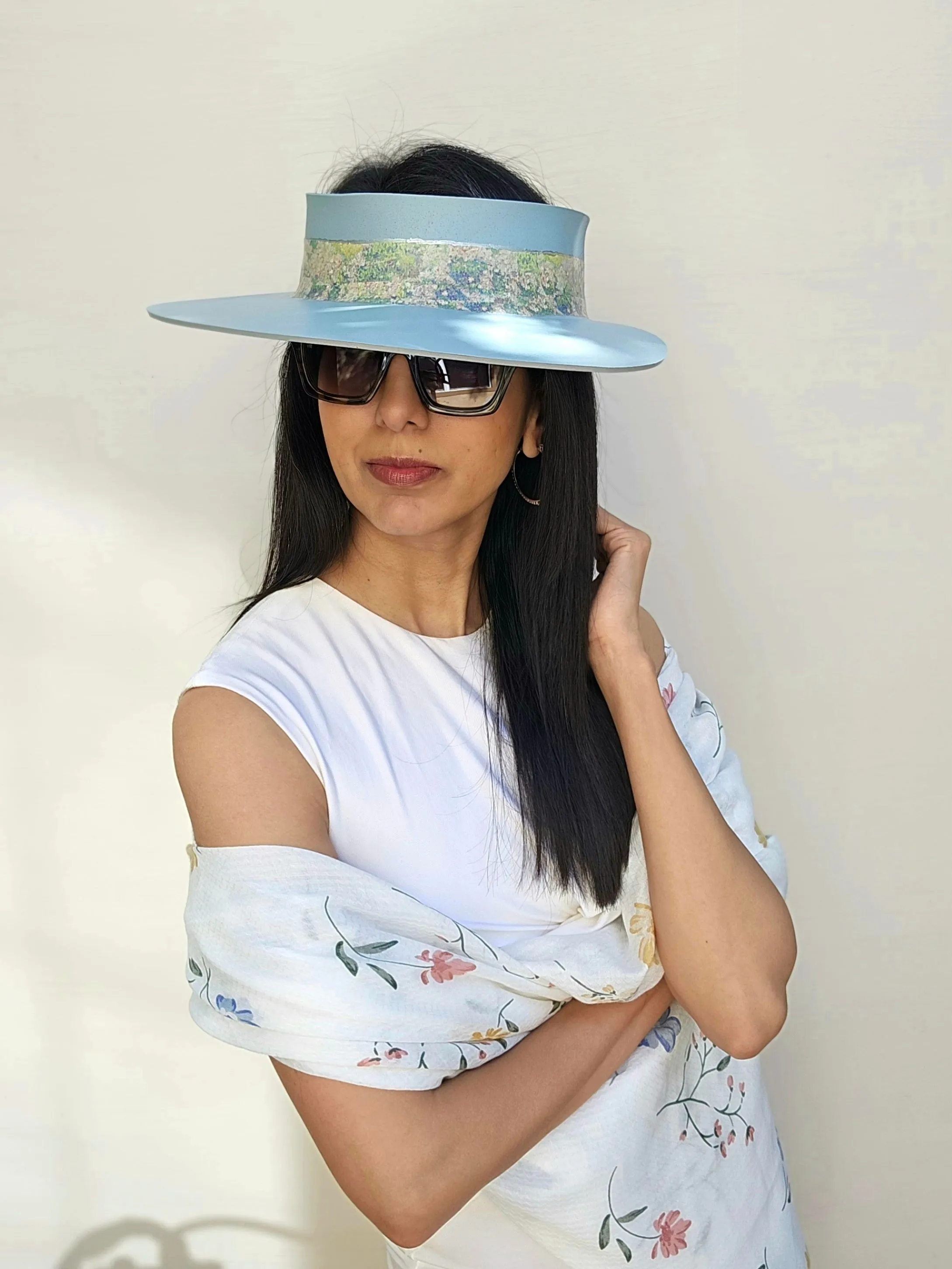 Light Blue "LadyEVA" Visor Hat with Monet Style Floral Band