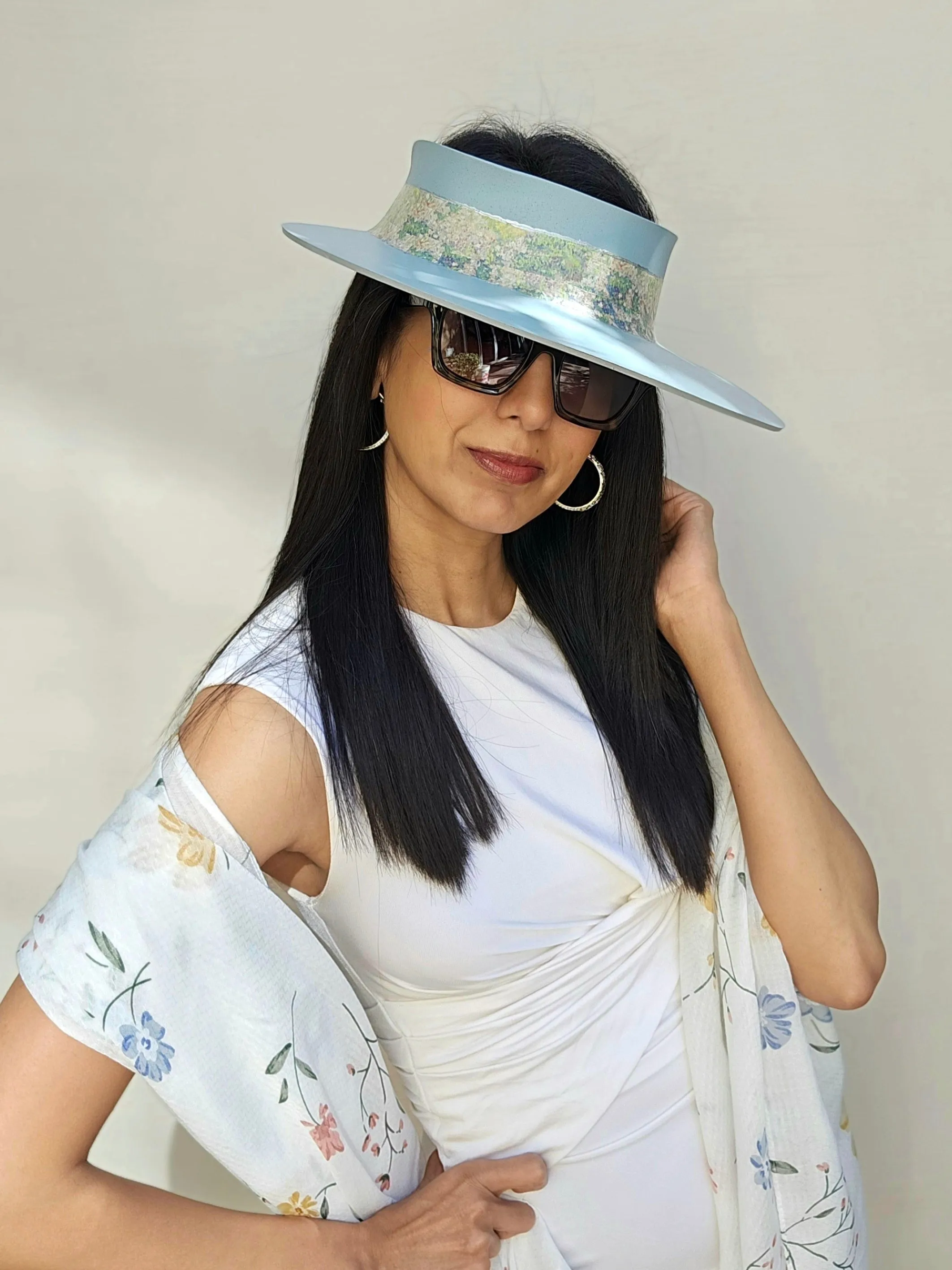 Light Blue "LadyEVA" Visor Hat with Monet Style Floral Band